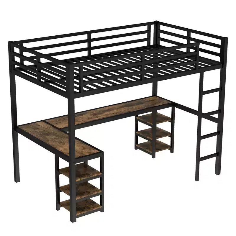 Cama alta de metal Twin XL con escritorio y estantes, cama alta con escalera y barandillas, estructura de cama alta para dormitorio, negra