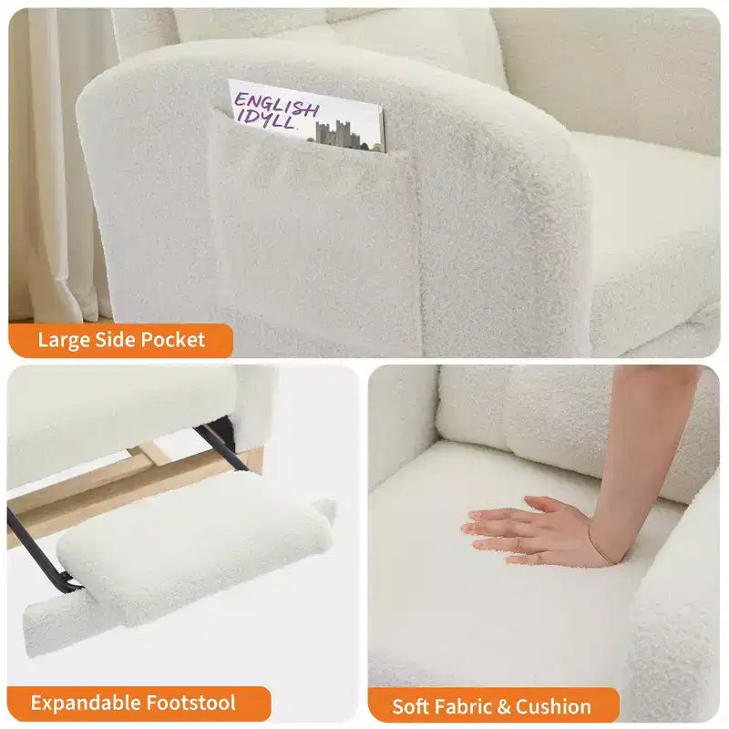 Mecedora Moderna para Bebés, Reclinable Cómoda con Bolsillo Lateral, Reposapiés, Mecedora Deslizante Tapizada de Mediados de Siglo para Sala de Estar, Dormitorio