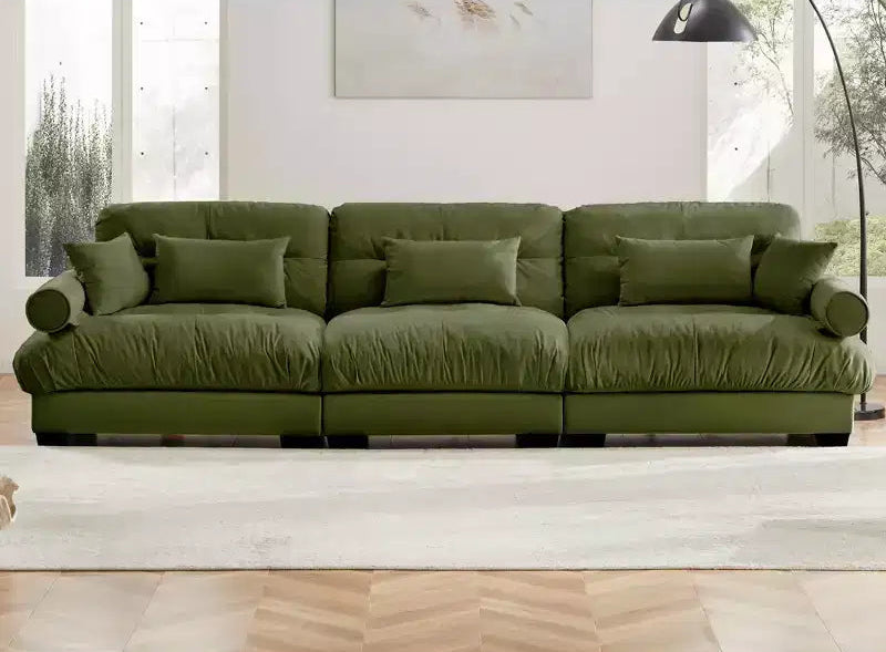 MAYEERTY Extra large 3 Seat Modern Velvet Sofa Cloud Like Comfortable Seat and Back Support with Waist Pillows and Throw Pillows Olive Green