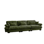 Sofá moderno de terciopelo extragrande de 3 plazas con asiento y respaldo cómodos tipo nube, con cojines lumbares y decorativos, color verde oliva.