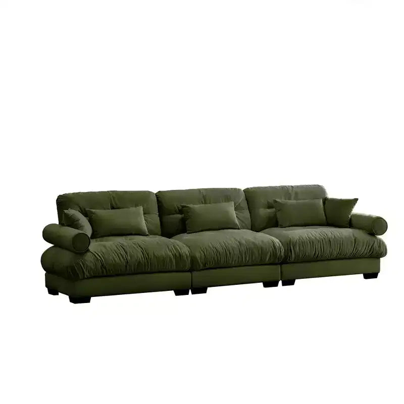 Sofá moderno de terciopelo extragrande de 3 plazas con asiento y respaldo cómodos tipo nube, con cojines lumbares y decorativos, color verde oliva.