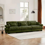 Sofá moderno de terciopelo extragrande de 3 plazas con asiento y respaldo cómodos tipo nube, con cojines lumbares y decorativos, color verde oliva.