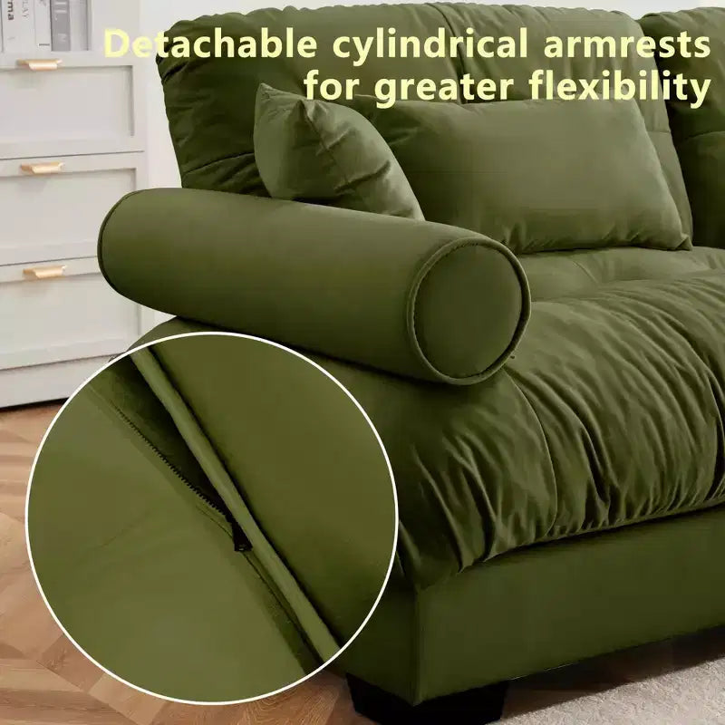 Sofá moderno de terciopelo extragrande de 3 plazas con asiento y respaldo cómodos tipo nube, con cojines lumbares y decorativos, color verde oliva.
