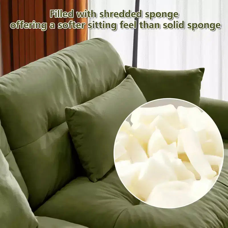 Sofá moderno de terciopelo extragrande de 3 plazas con asiento y respaldo cómodos tipo nube, con cojines lumbares y decorativos, color verde oliva.