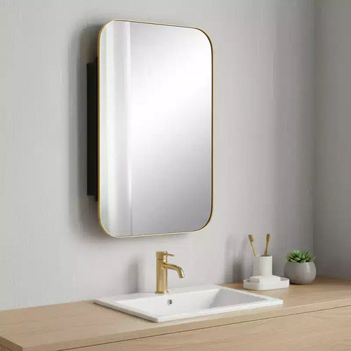 Espejo de tocador de baño con marco de metal dorado de 24" con gabinete
