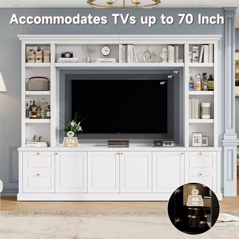 Centro de entretenimiento de TV todo en uno para TV de 70 pulgadas, con 3 estantes ajustables y gabinete de almacenamiento