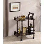 Carrito de bar para vinos de 2 niveles y 29" Cerezo: Estantes de madera con ruedas, botellero para 3 botellas, ruedas giratorias