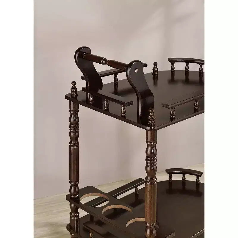 Carrito de bar para vinos de 2 niveles y 29" Cerezo: Estantes de madera con ruedas, botellero para 3 botellas, ruedas giratorias