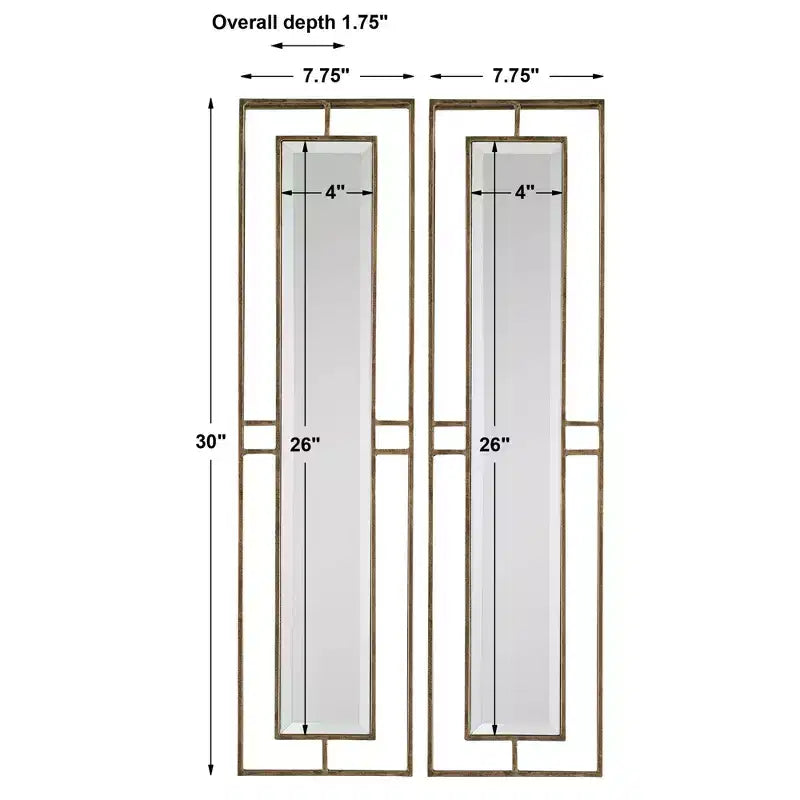 Espejos de pared dorados envejecidos de 7 3/4 x 30, juego de 2