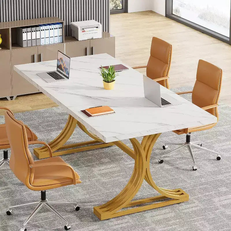Mesa de conferencias de 5 pies para 4 a 6 personas, mesa de reuniones moderna con superficie de imitación de mármol, mesas de seminarios de negocios para oficina en casa