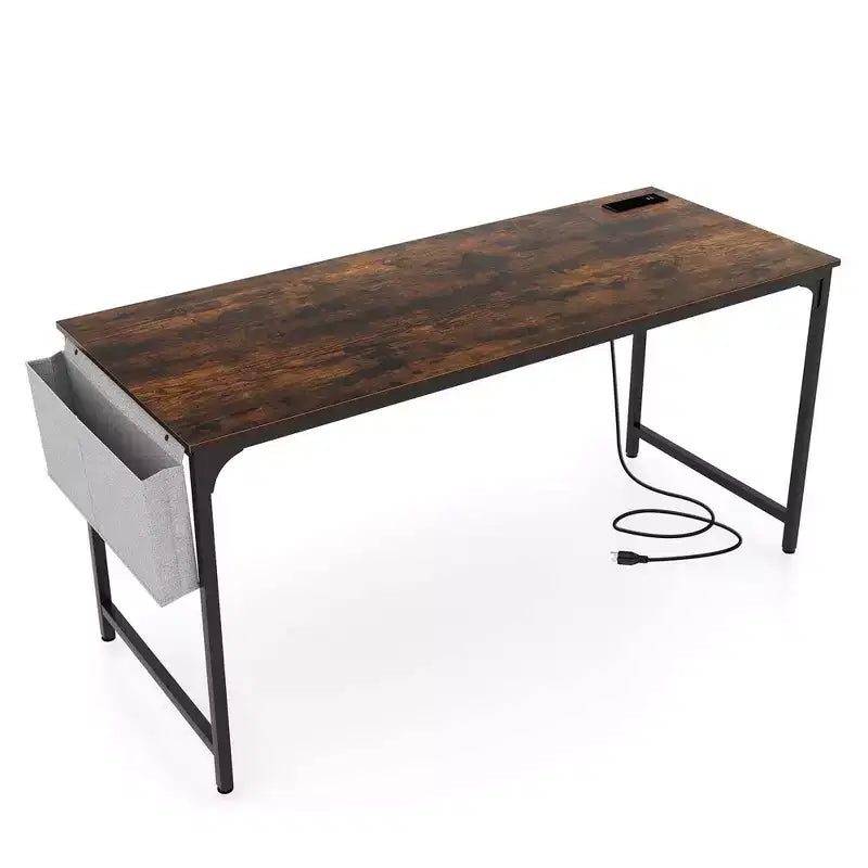 Escritorio moderno para computadora de 60" con estación de carga, bolsa de almacenamiento y gancho para auriculares, color marrón