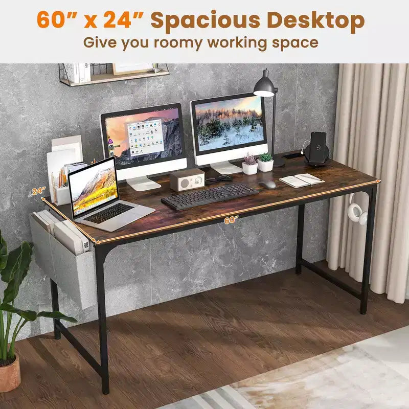Escritorio moderno para computadora de 60" con estación de carga, bolsa de almacenamiento y gancho para auriculares, color marrón
