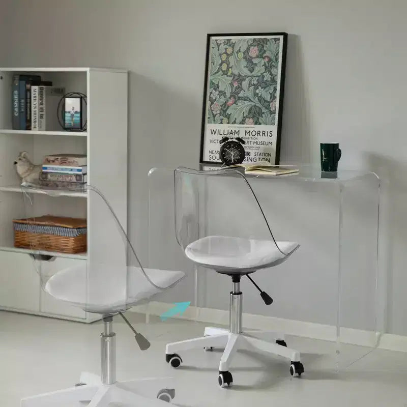 Silla de escritorio de acrílico transparente - Silla de oficina sin brazos, altura ajustable, silla con ruedas - Perfecta para oficina en casa o tocador con función giratoria