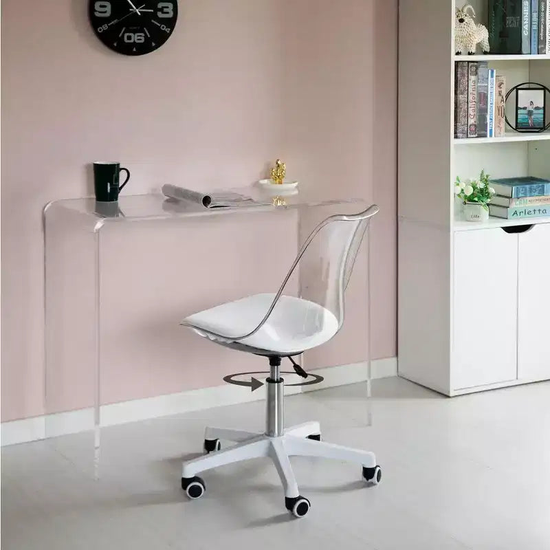 Silla de escritorio de acrílico transparente - Silla de oficina sin brazos, altura ajustable, silla con ruedas - Perfecta para oficina en casa o tocador con función giratoria