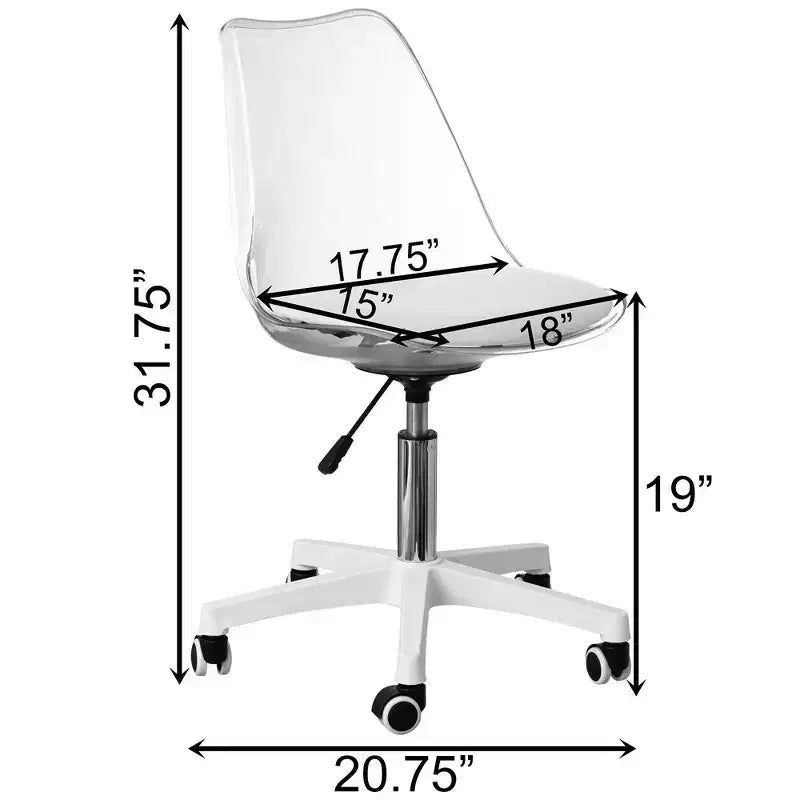 Silla de escritorio de acrílico transparente - Silla de oficina sin brazos, altura ajustable, silla con ruedas - Perfecta para oficina en casa o tocador con función giratoria